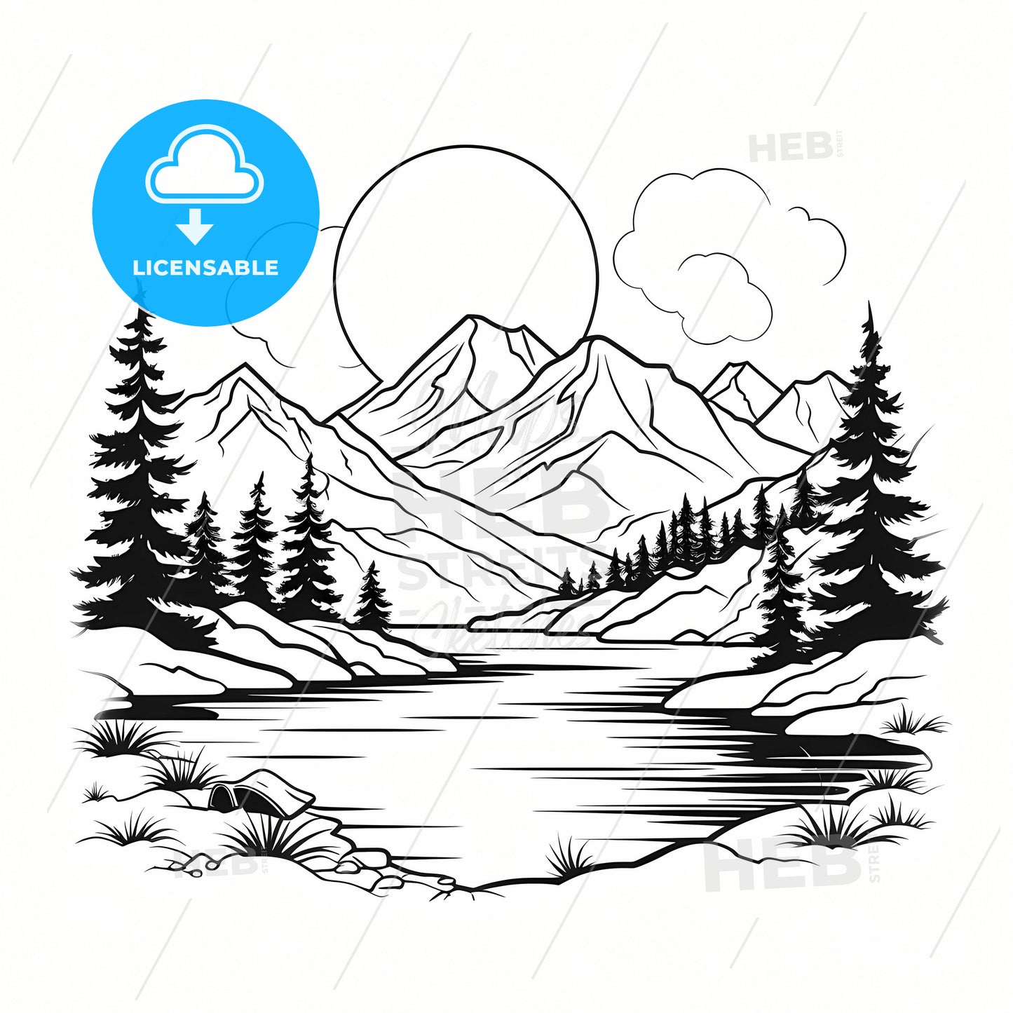 A Black And White Drawing Of A Lake Surrounded By Mountains