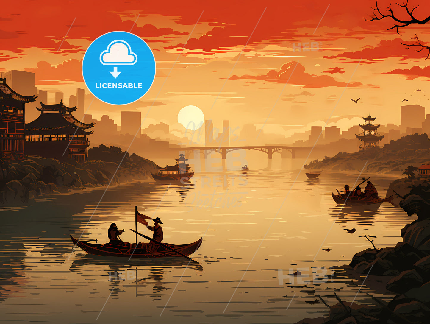 A Painting Of A River With Boats And Buildings And A Bridge