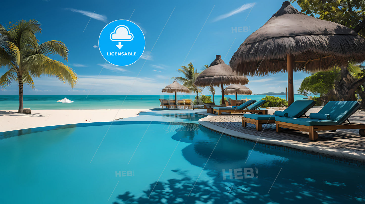 A Pool With Lounge Chairs And Straw Umbrellas On A Beach