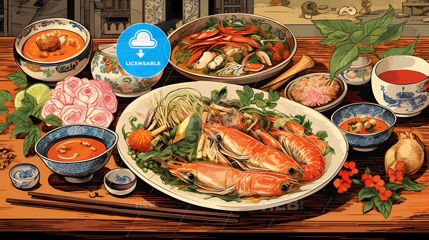 A Plate Of Seafood And Soup On A Table