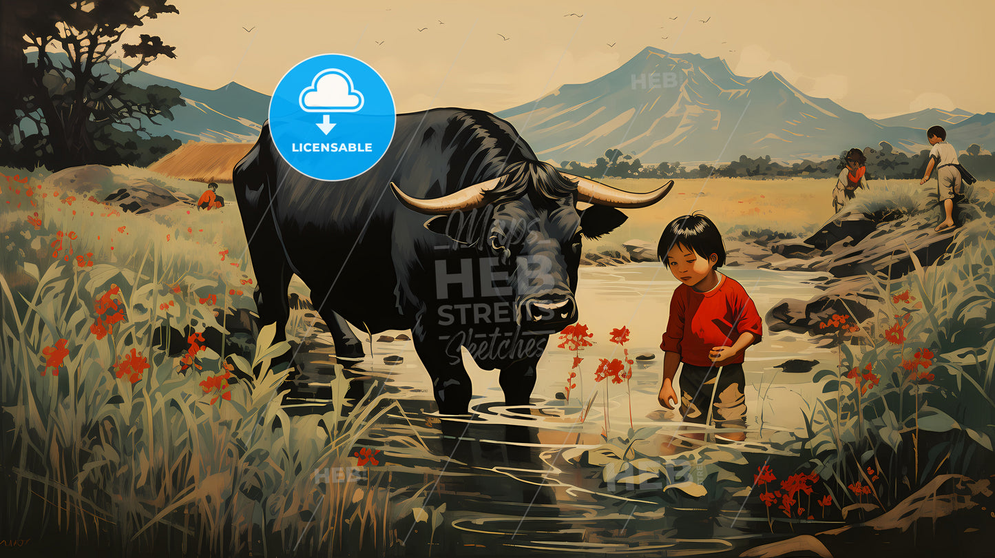 A Child Standing In Water With A Cow