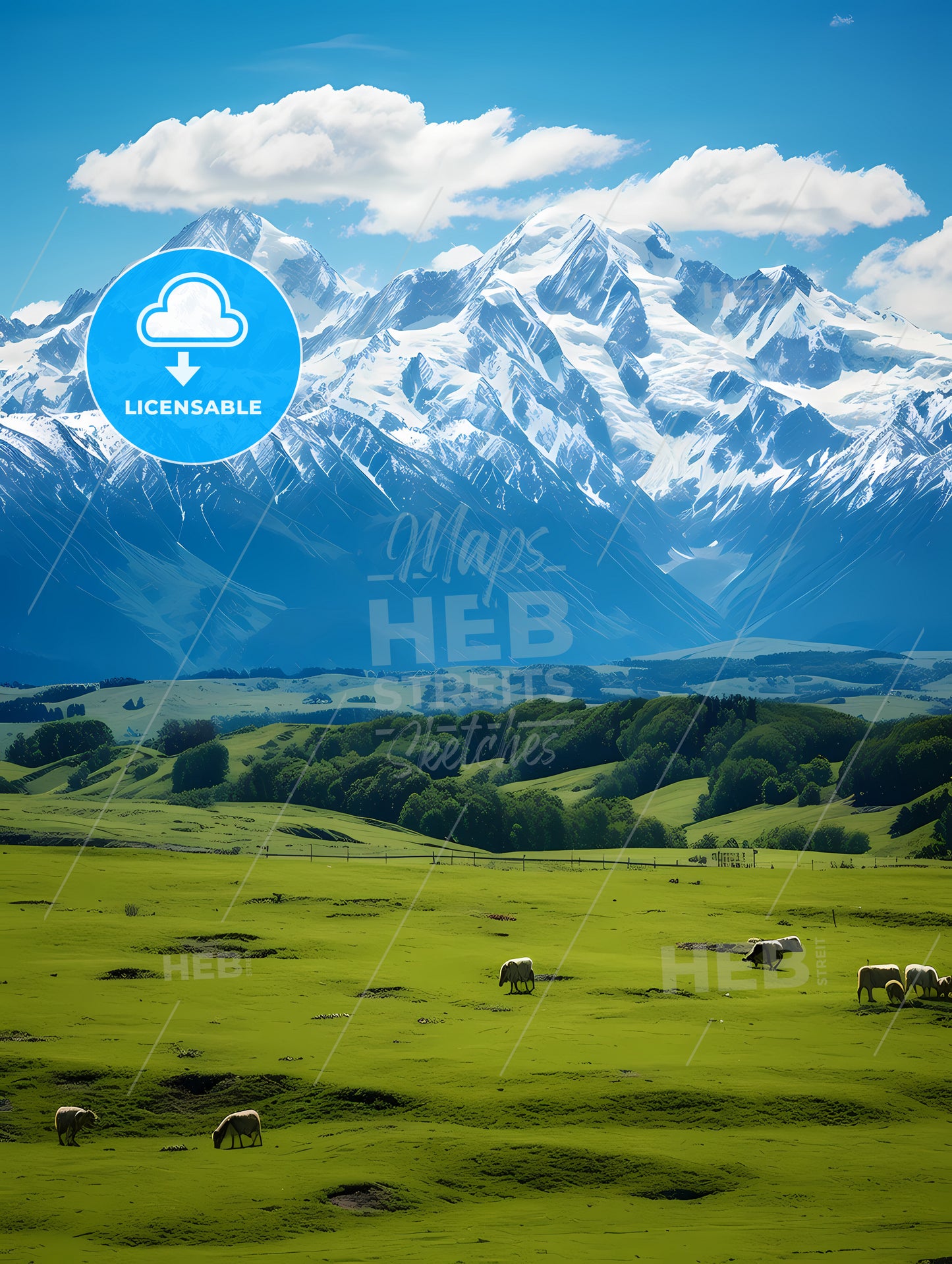 A Group Of Sheep Grazing In A Field With A Snowy Mountain In The Background