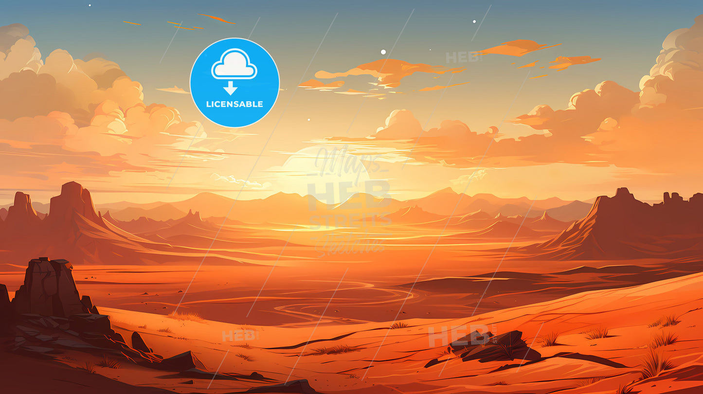 A Landscape Of A Desert With Mountains And Clouds