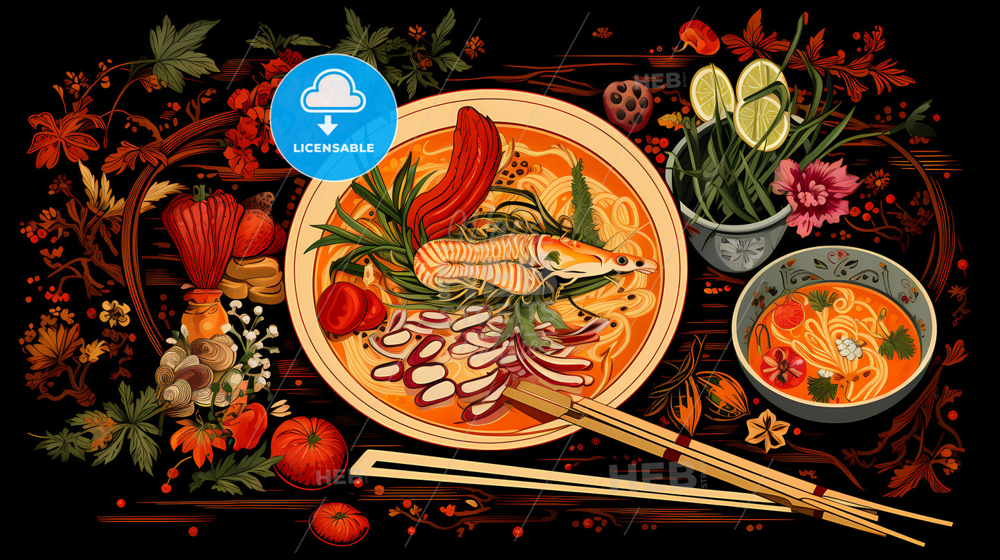 A Plate Of Food With Chopsticks And Vegetables