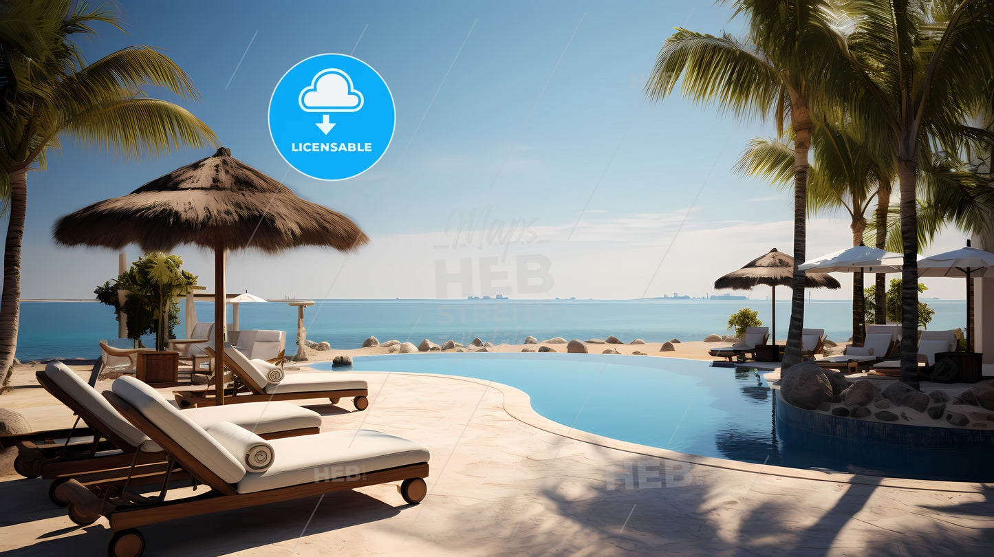 A Pool With Lounge Chairs And Umbrellas By The Beach