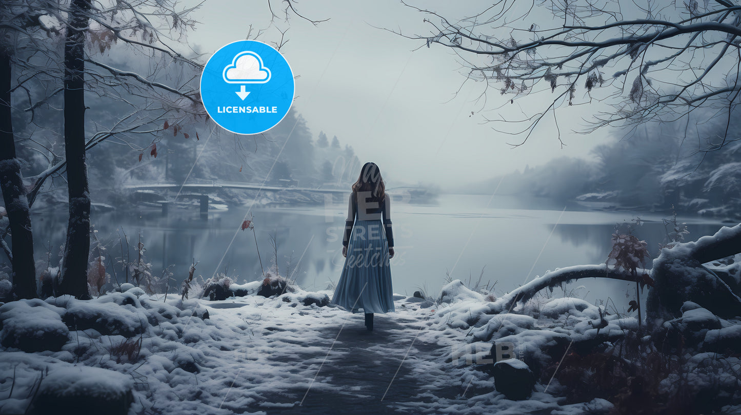 A Woman Walking On A Path By A Lake
