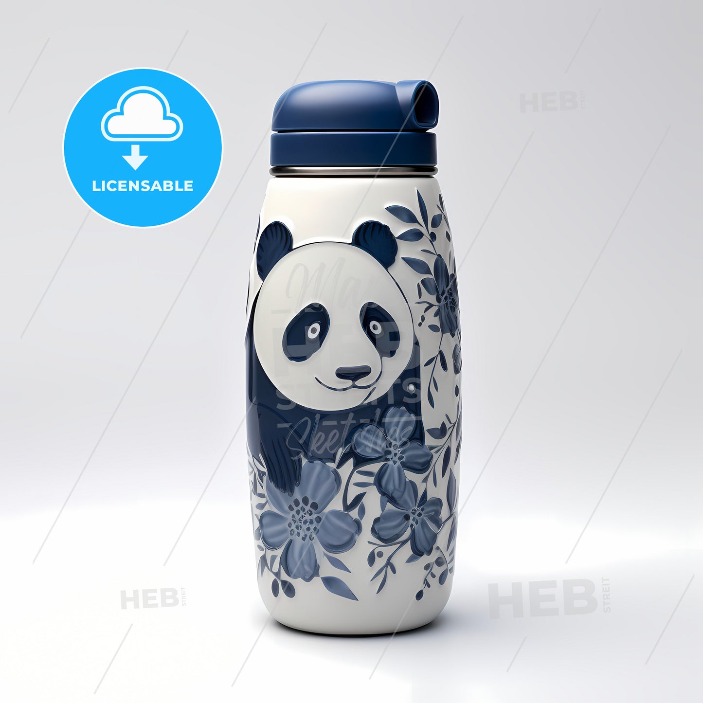 A Blue And White Water Bottle With A Panda Design