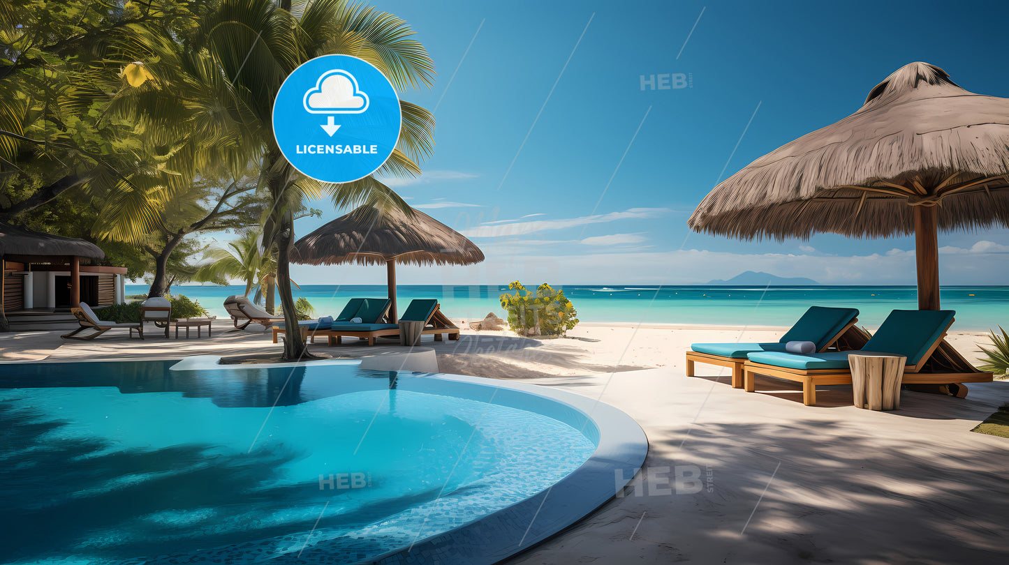 A Pool On A Beach With Palm Trees And Chairs
