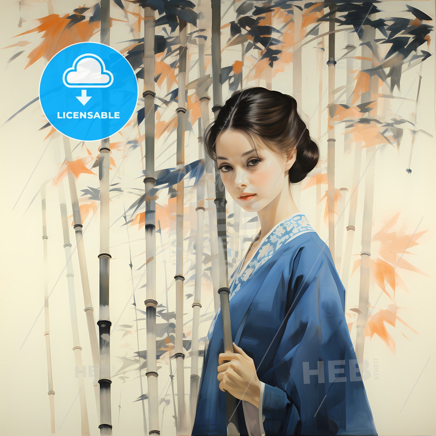 A Woman Holding A Stick In Front Of Bamboo