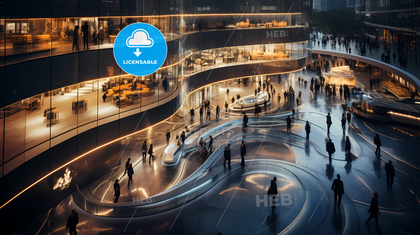 A Group Of People Walking In A Large Building