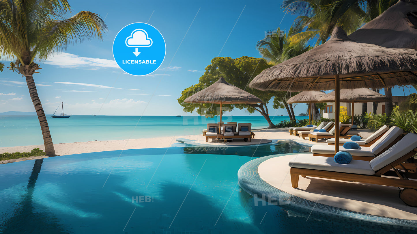 A Pool With Umbrellas And Lounge Chairs On A Beach