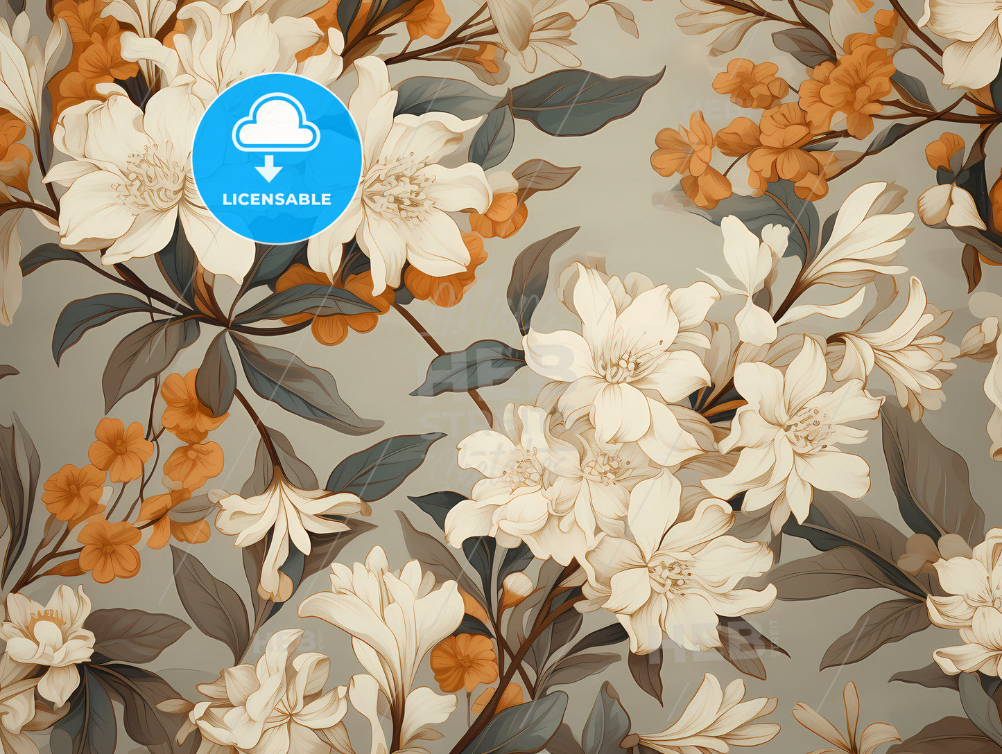 A Floral Pattern With White And Orange Flowers