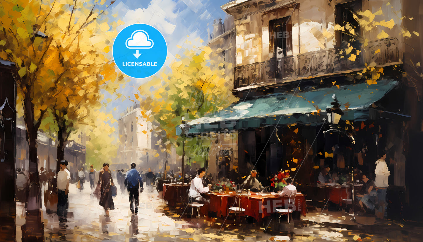 A Painting Of People Sitting At Tables Outside A Building