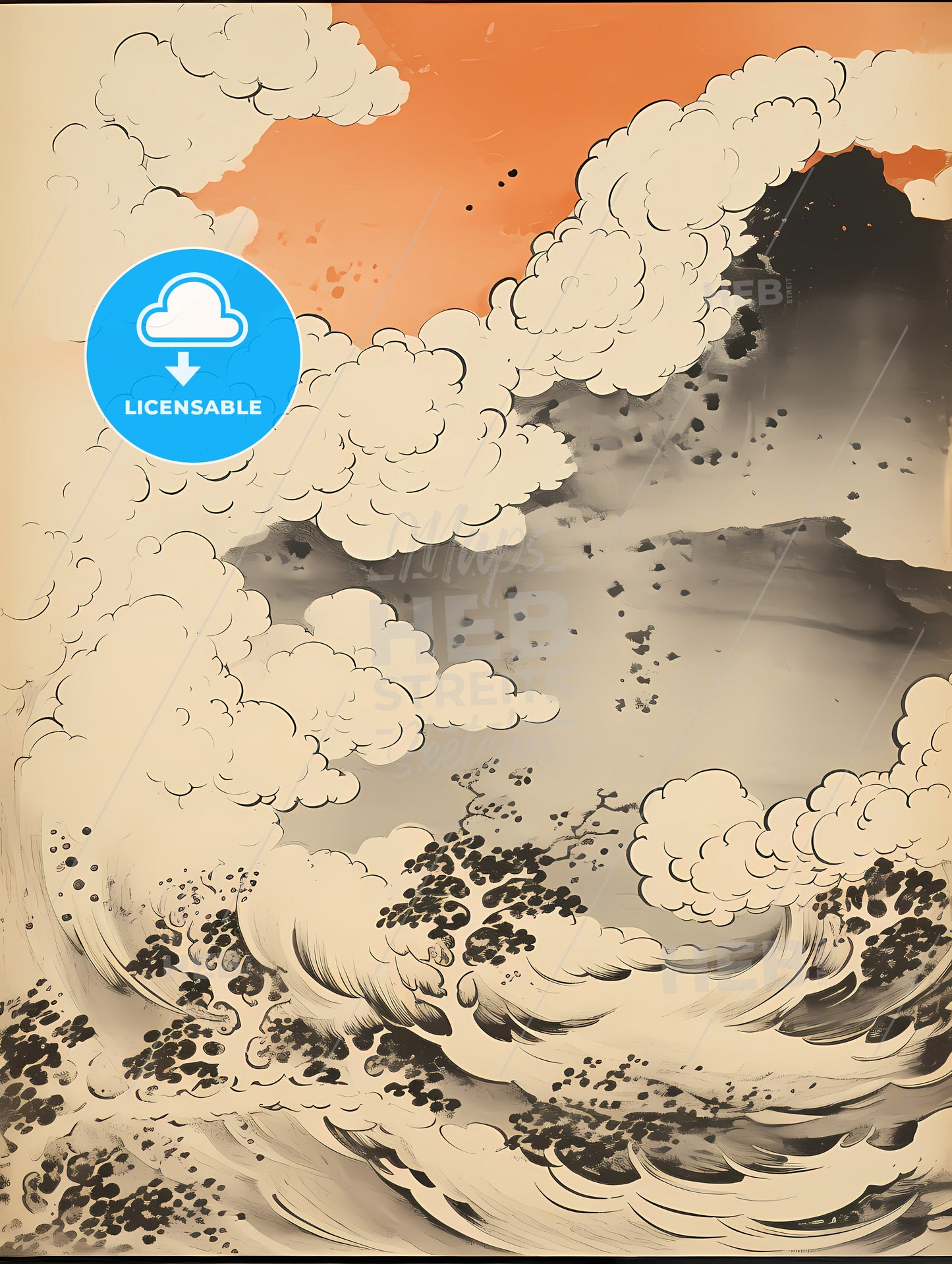 A Drawing Of Waves And Clouds
