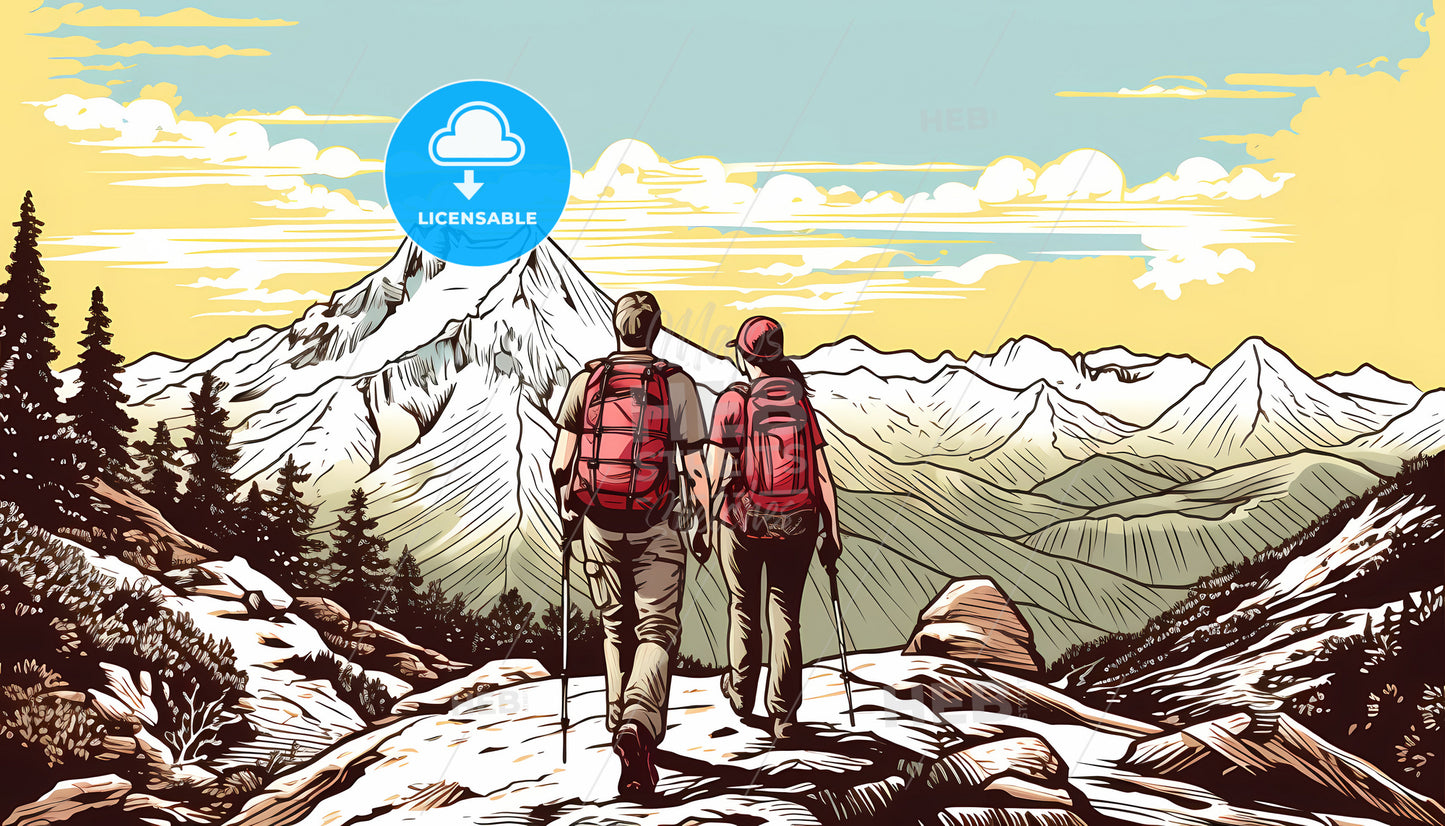 A Man And Woman Hiking On A Mountain