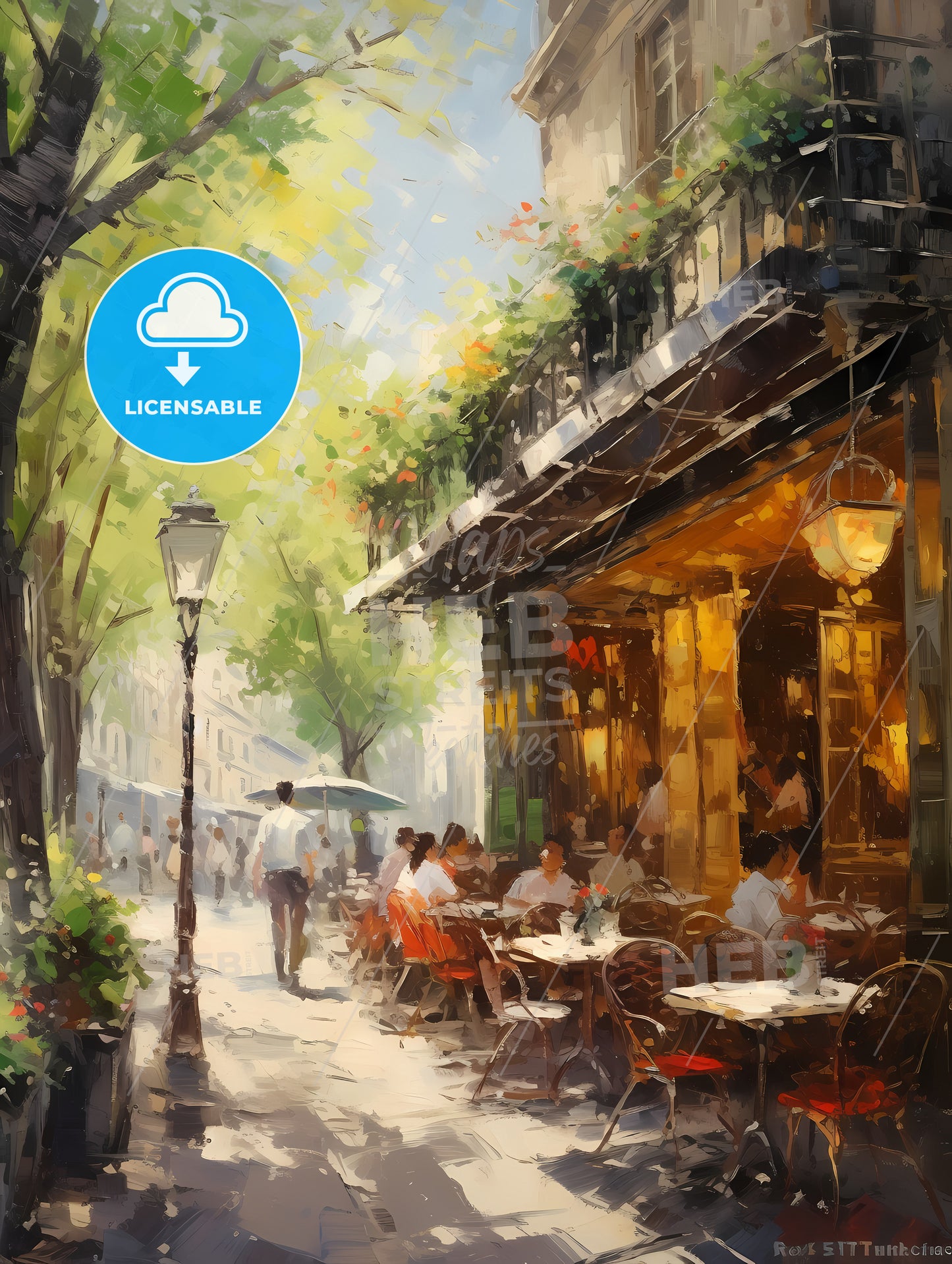 A Painting Of A Street With Tables And Chairs