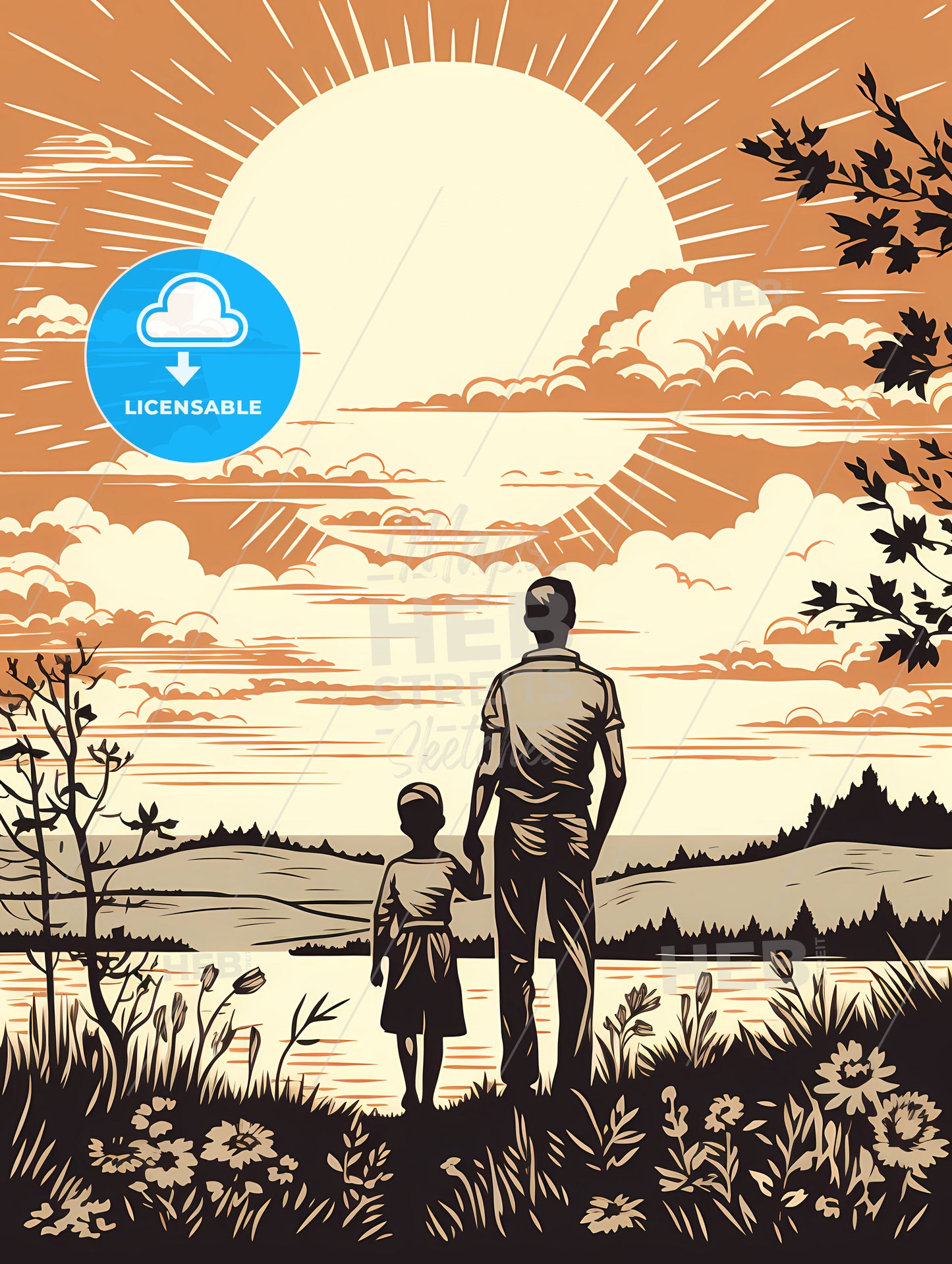 A Man And Child Looking At The Sun