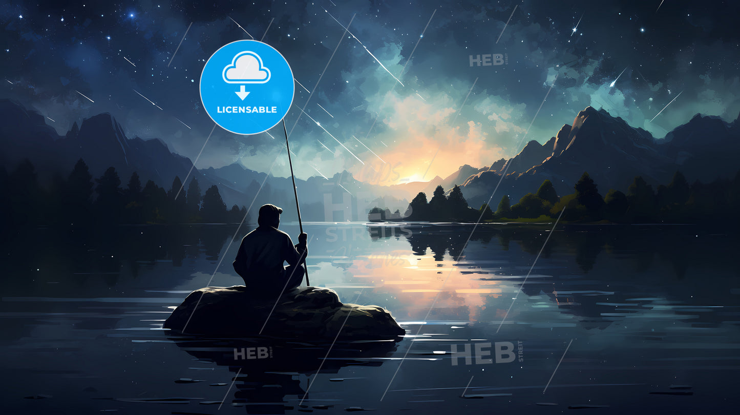 A Man Sitting On A Rock In The Water With A Pole And A Star In The Sky