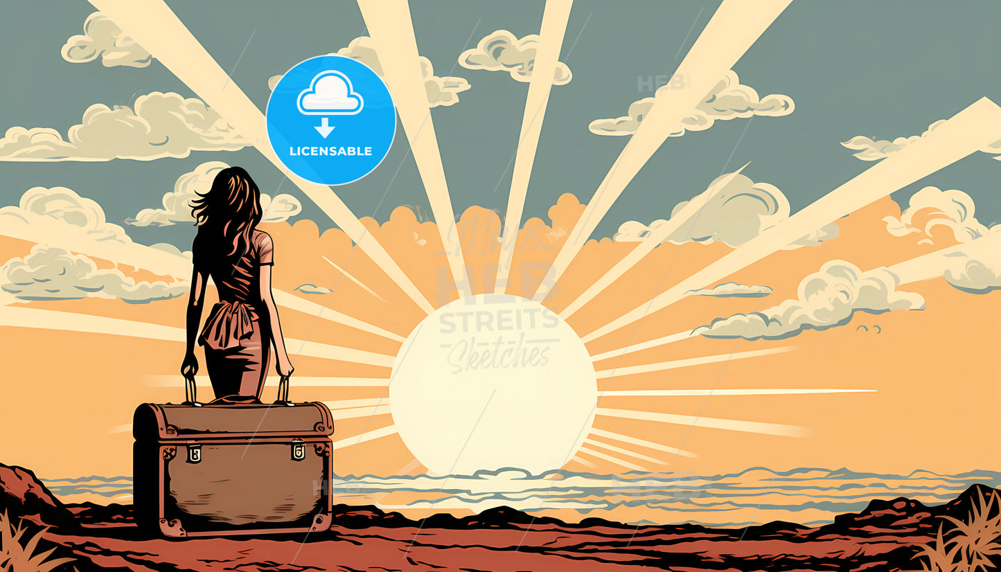 A Woman Standing With A Suitcase Looking At The Sun