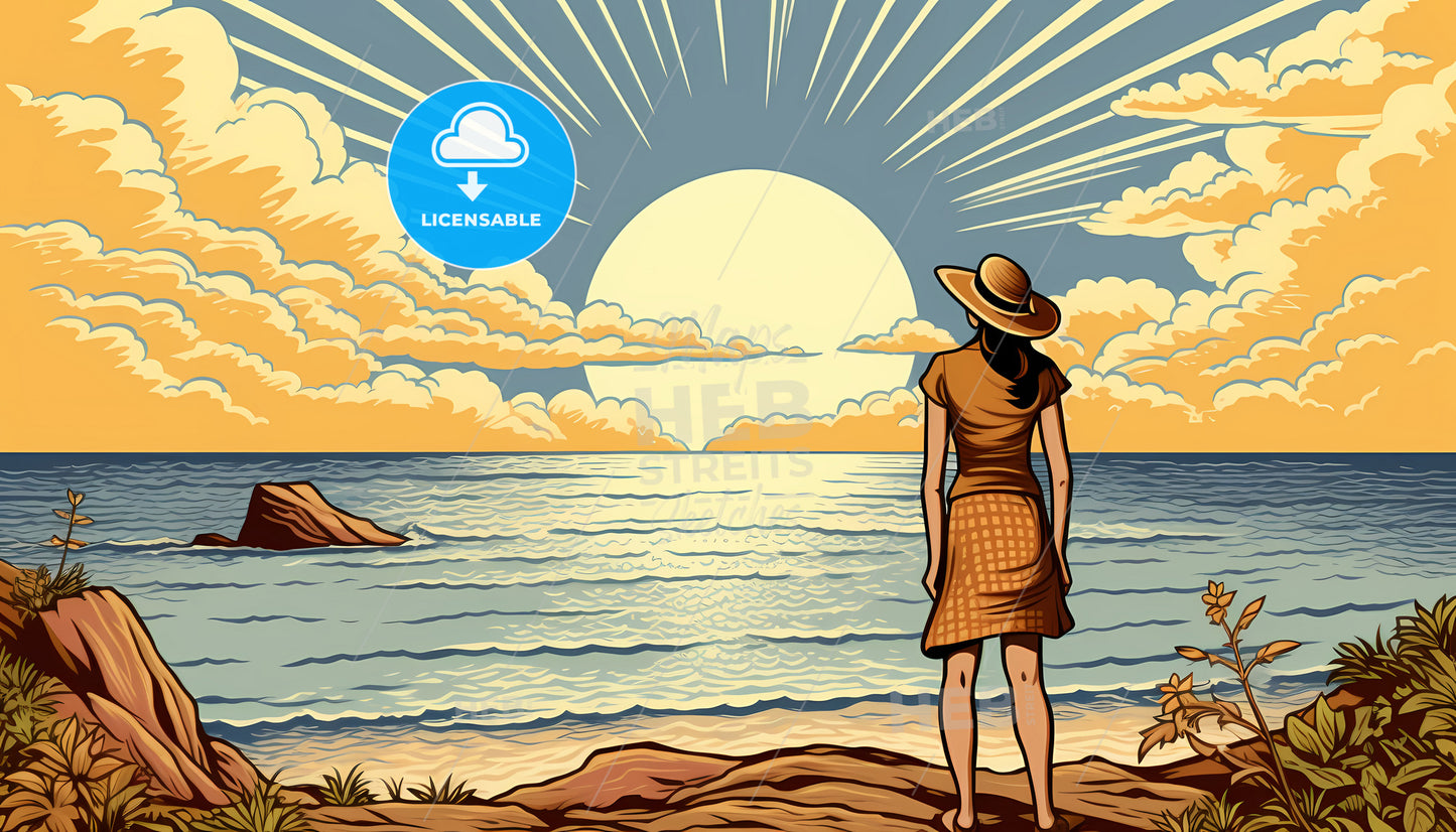 A Woman Standing On A Rocky Beach Looking At The Sun