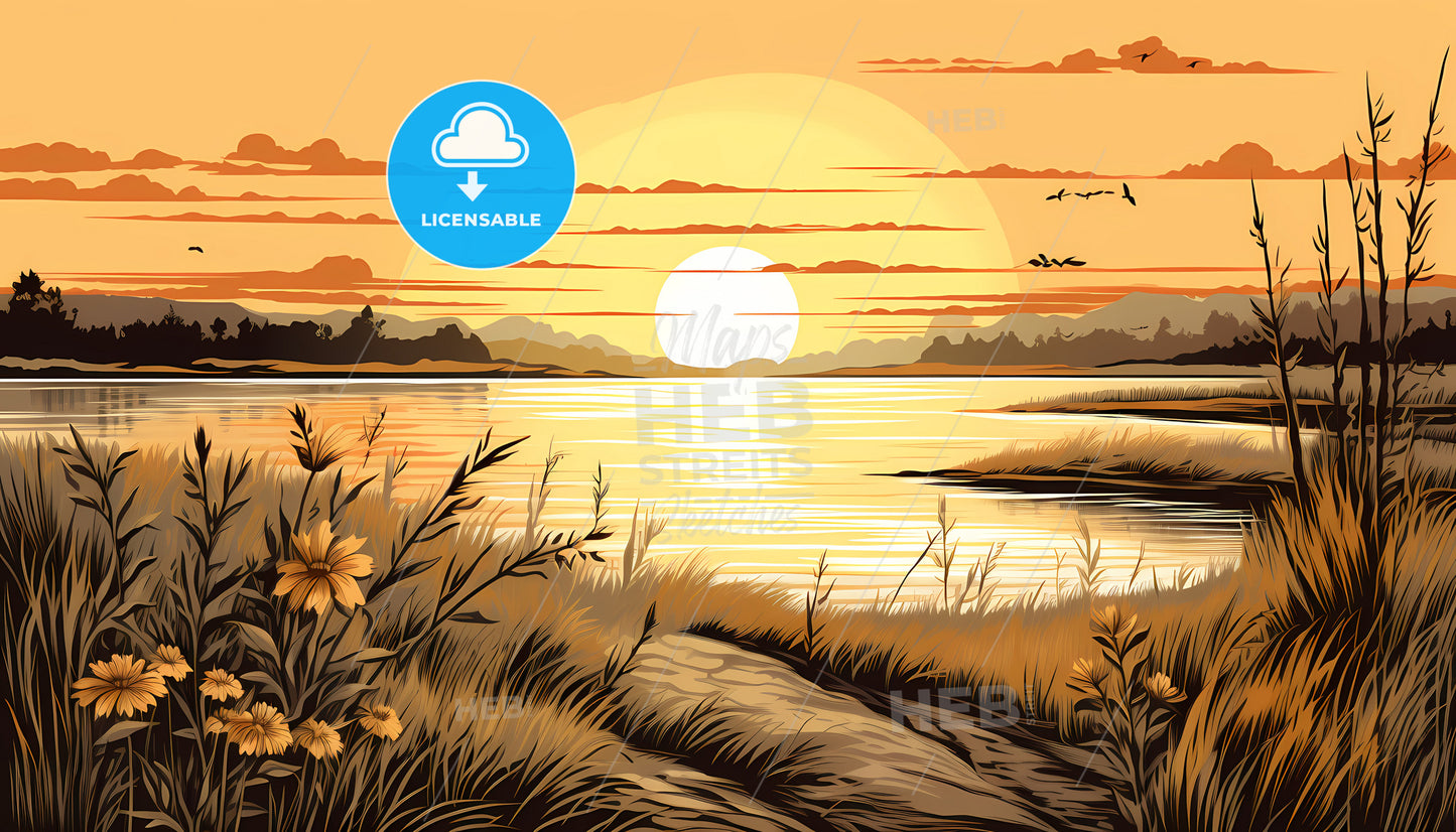 A Sunset Over A Lake