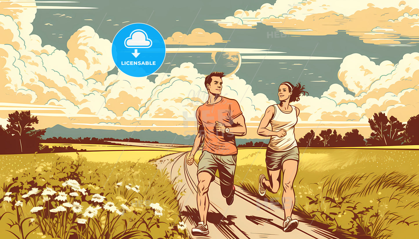 A Man And Woman Running On A Path In A Field