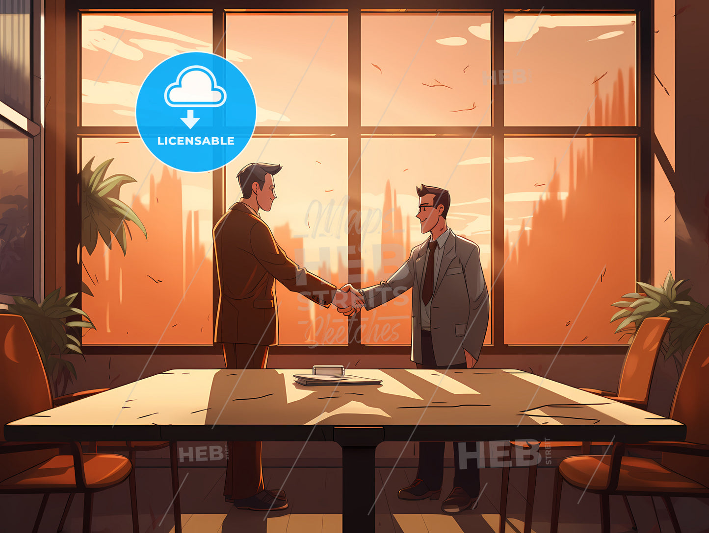 Two Men Shaking Hands In A Room With A Large Window