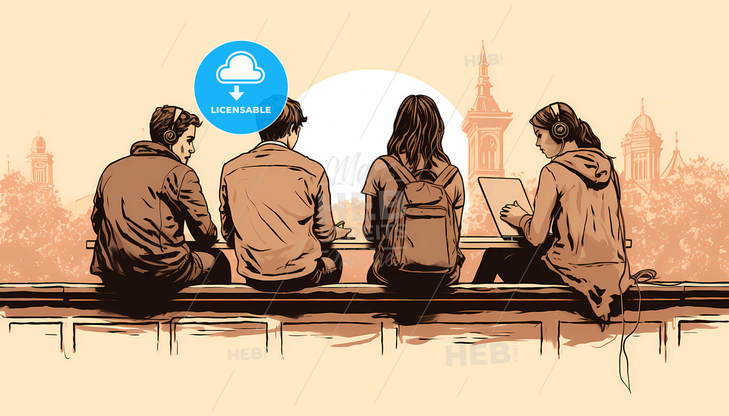 A Group Of People Sitting On A Ledge Looking At A Large Clock Tower