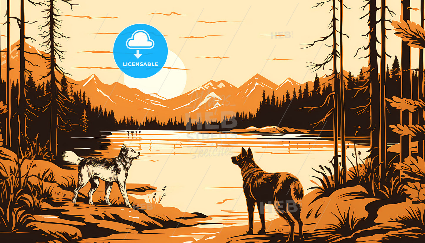 A Couple Of Dogs Looking At A Lake