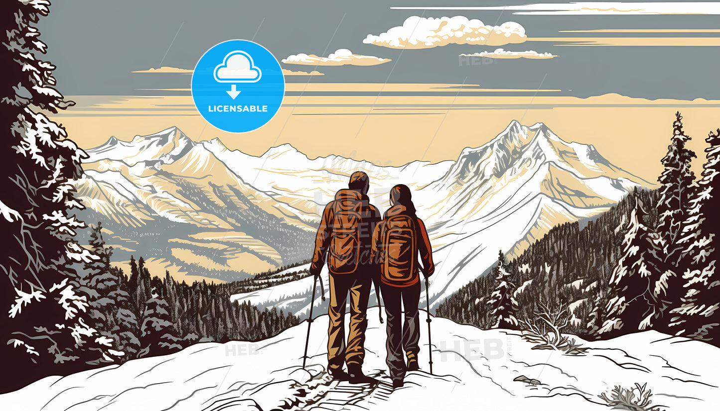 A Couple Of People Hiking On A Snowy Mountain