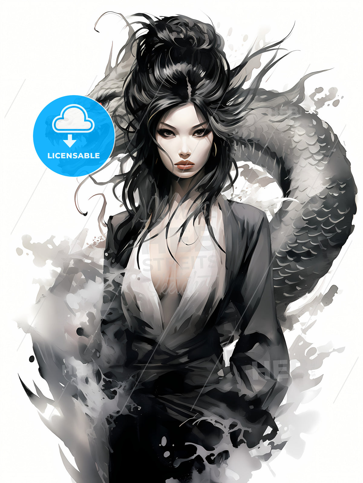A Woman With Long Hair And A Dragon
