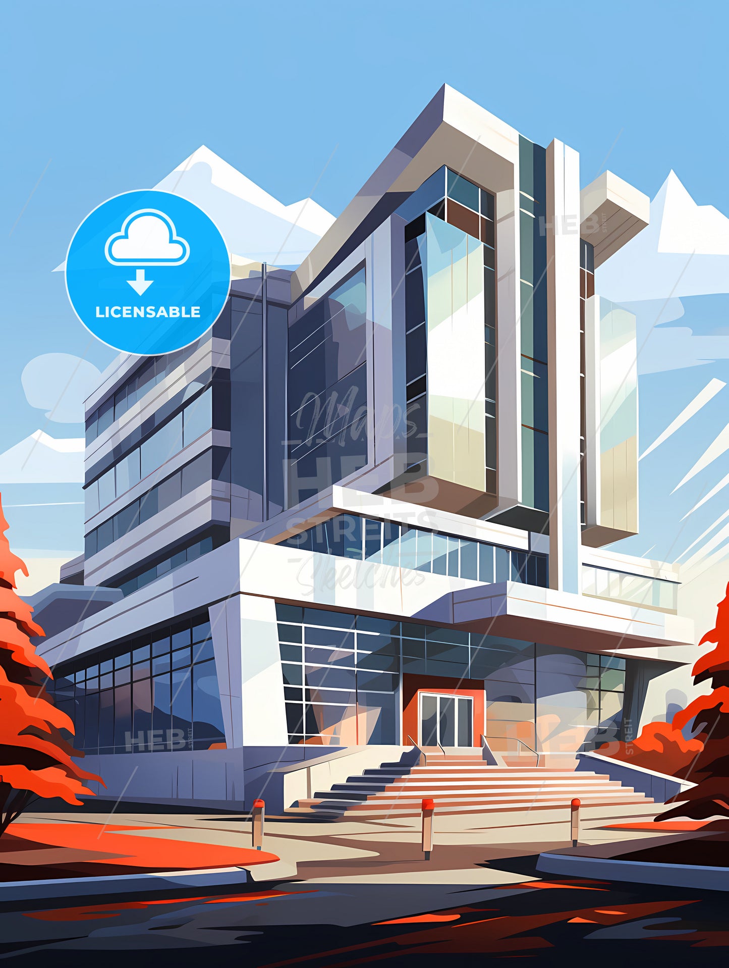 A Building With Glass Windows And Stairs Leading To The Entrance