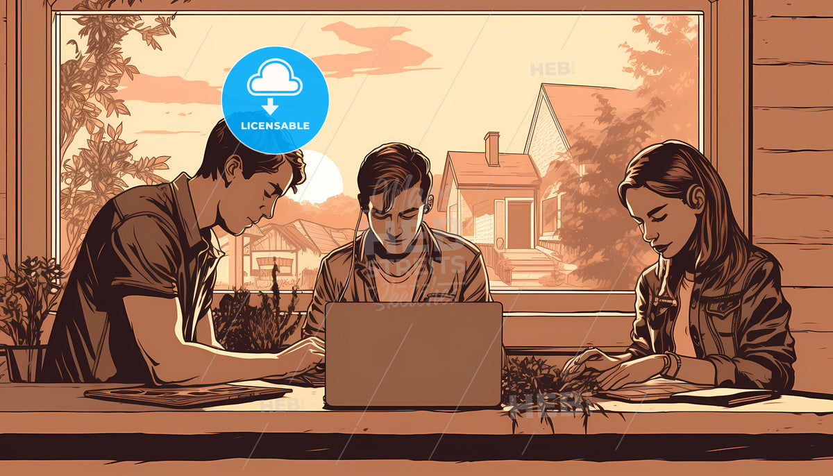 A Group Of People Sitting At A Table With A Laptop