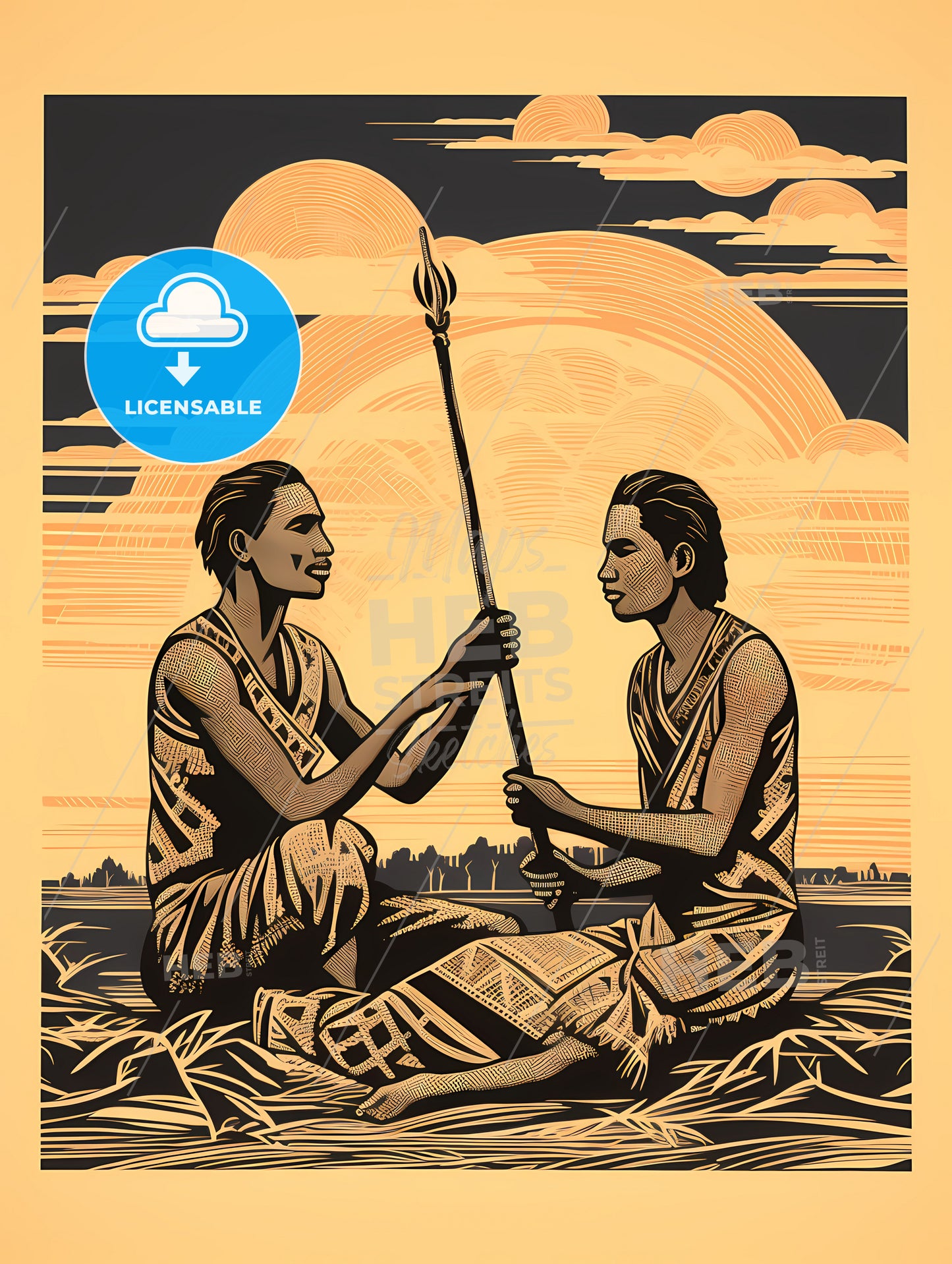 A Couple Of Men Sitting On Grass Holding A Spear