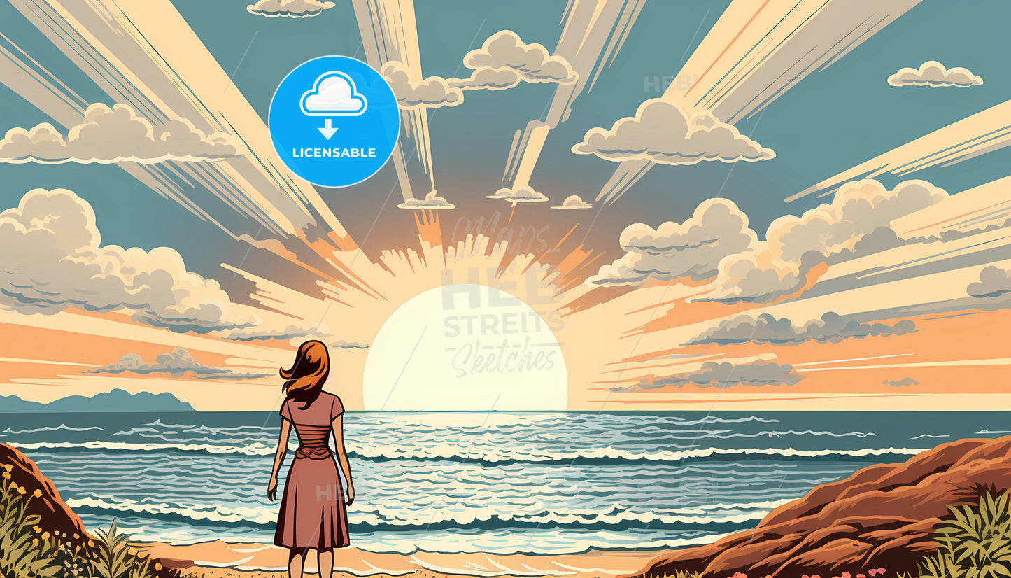 A Woman Standing On A Beach Looking At The Sun