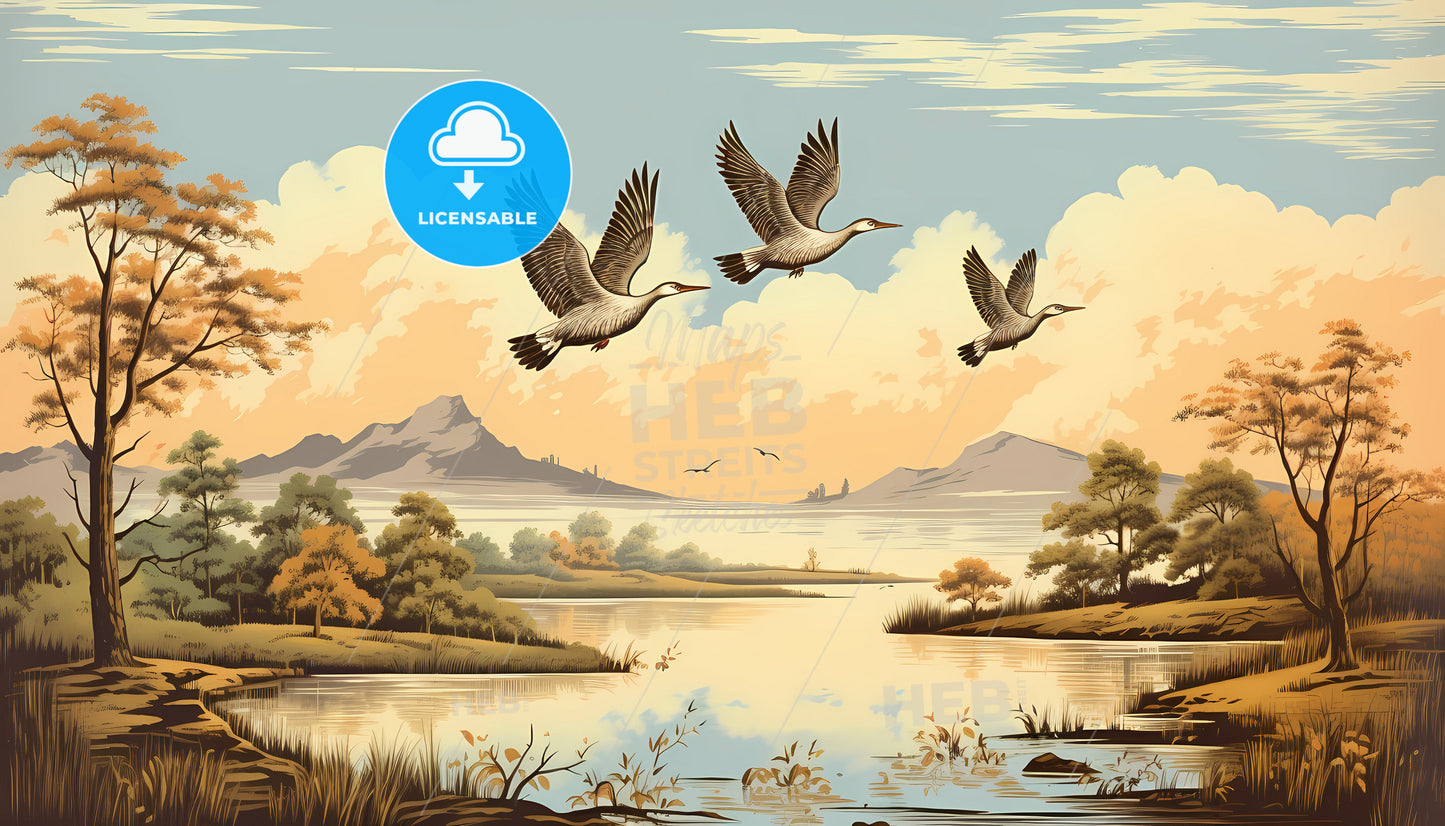 Birds Flying Over A Lake