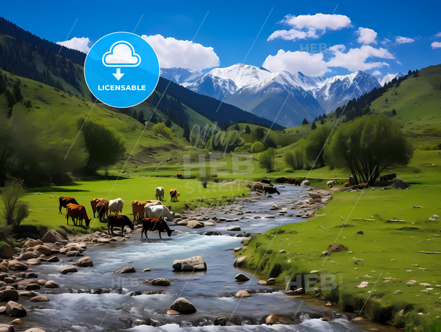 A Group Of Cows In A Valley With A River And Mountains In The Background