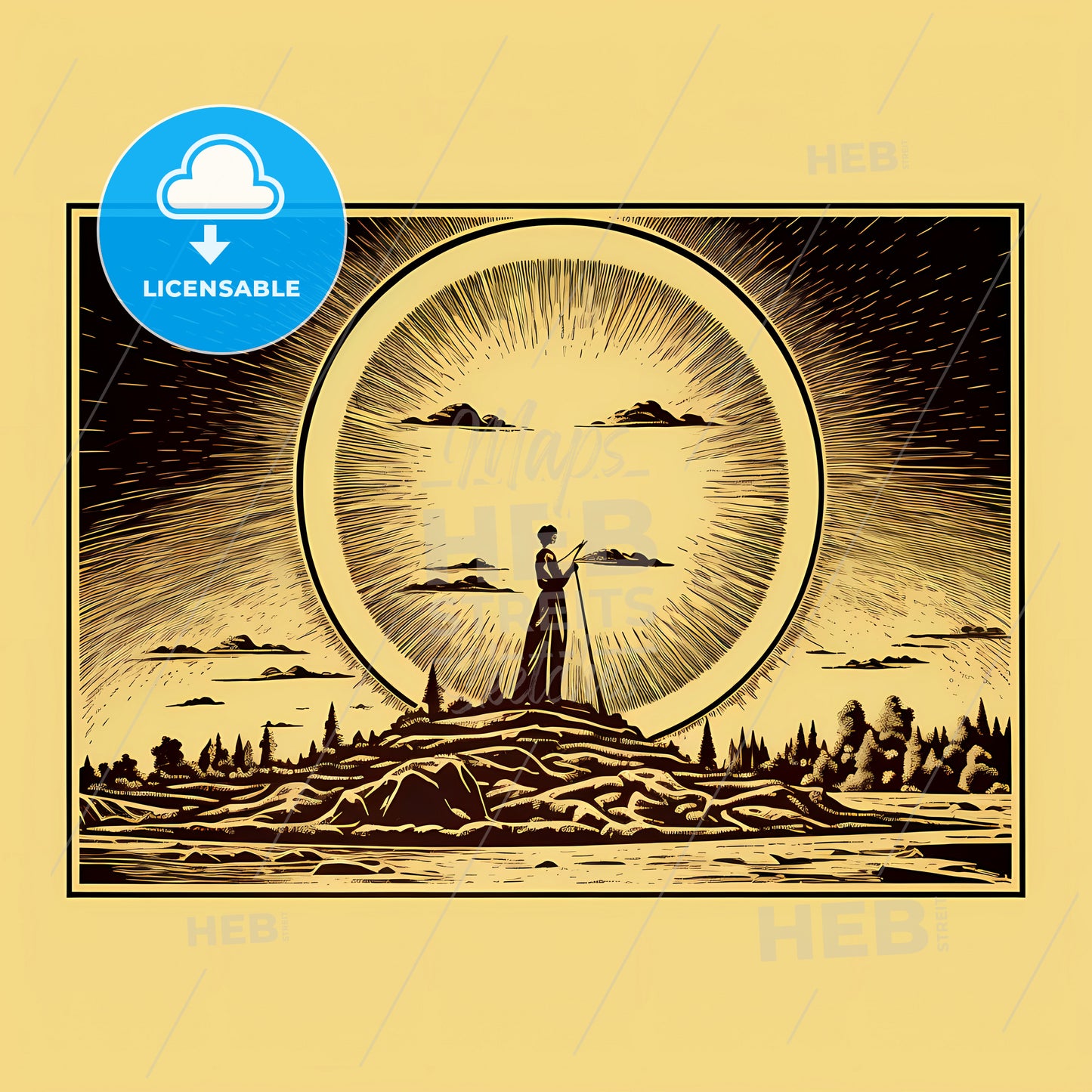 A Drawing Of A Person Standing On A Hill With A Circle In The Background