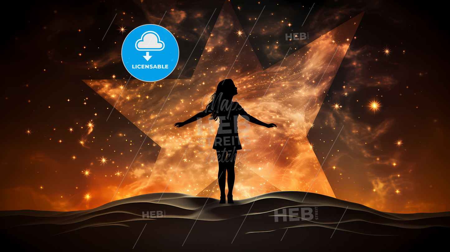A Silhouette Of A Woman Standing On A Hill With A Star In The Background