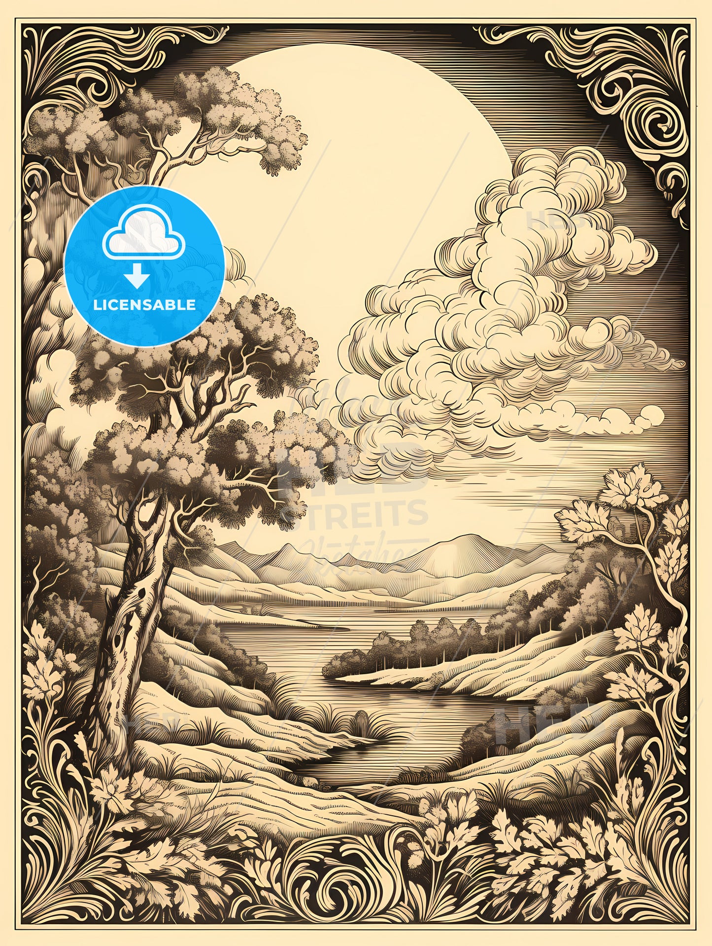 A Drawing Of A River And Trees
