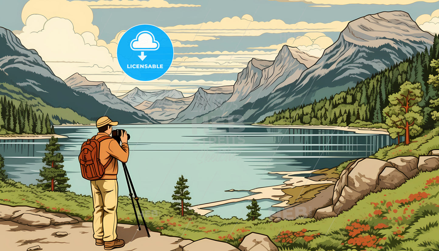 A Man Taking A Picture Of A Lake