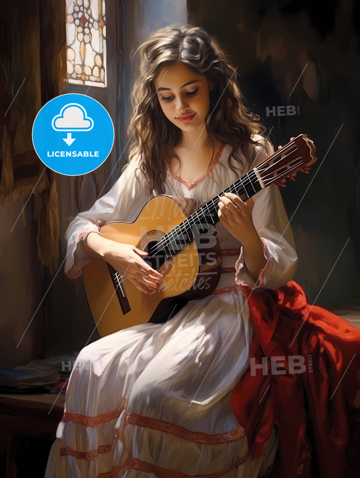 A Woman In A White Dress Playing A Guitar