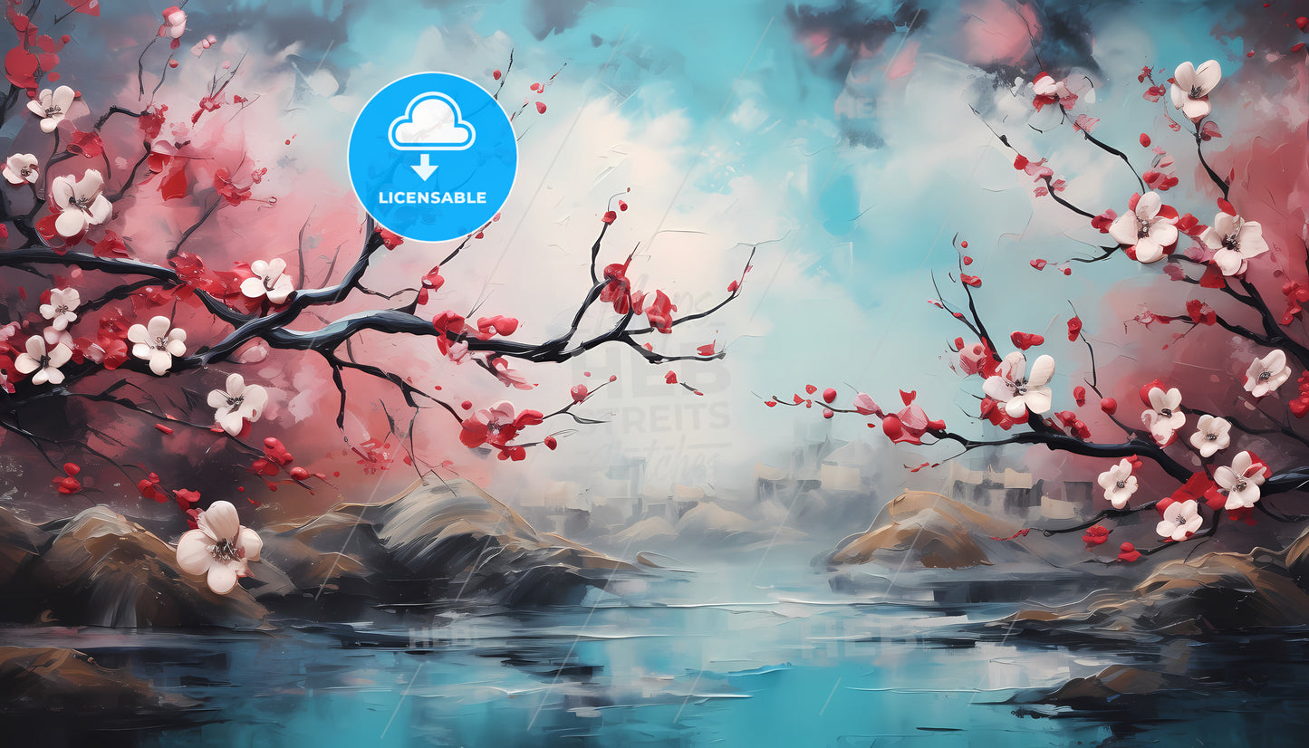 A Painting Of A Tree With Red Flowers