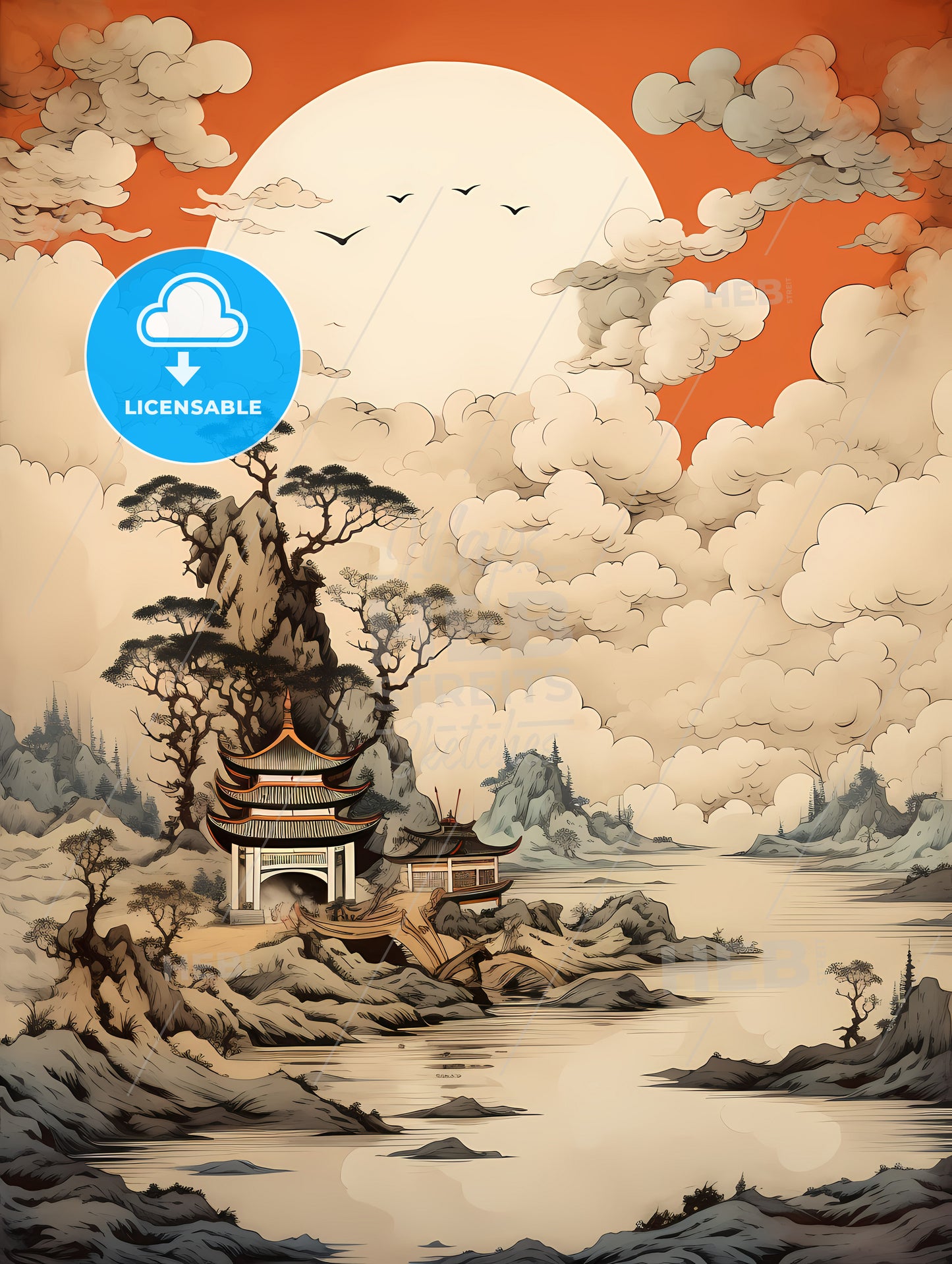 A Painting Of A Pagoda And A River