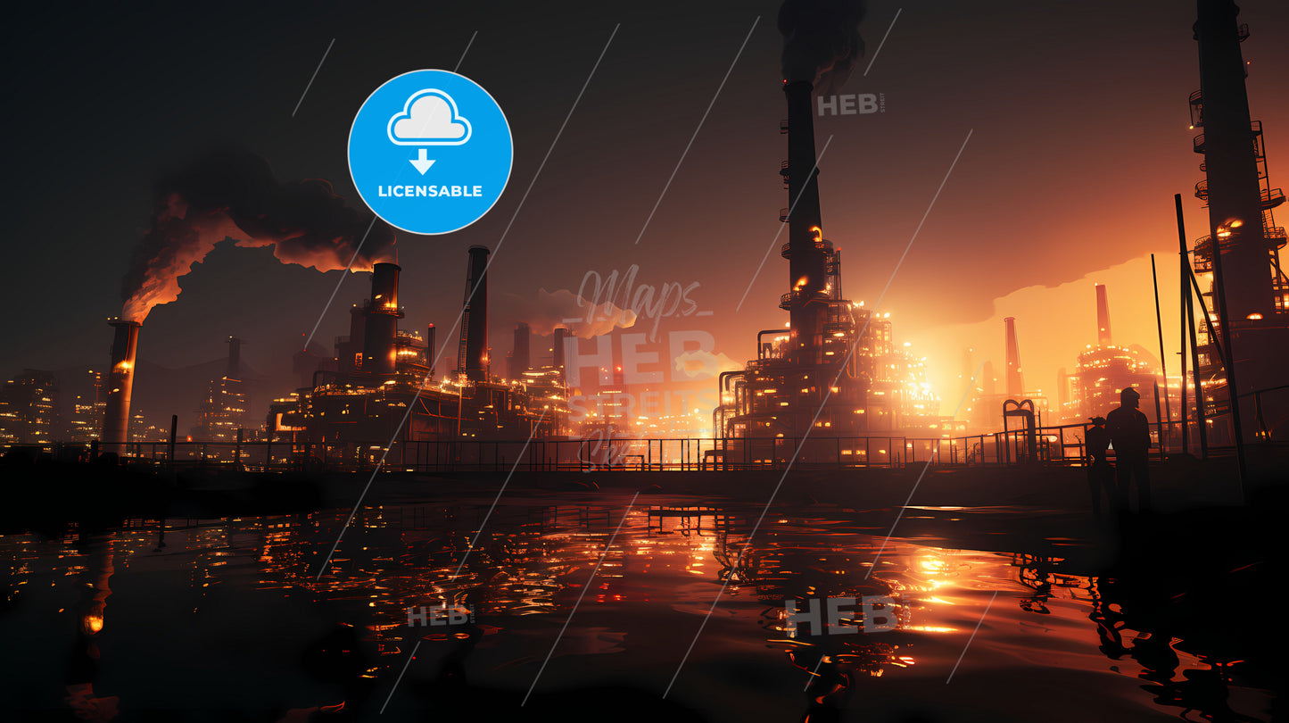 A Factory With Smokestacks And A Body Of Water