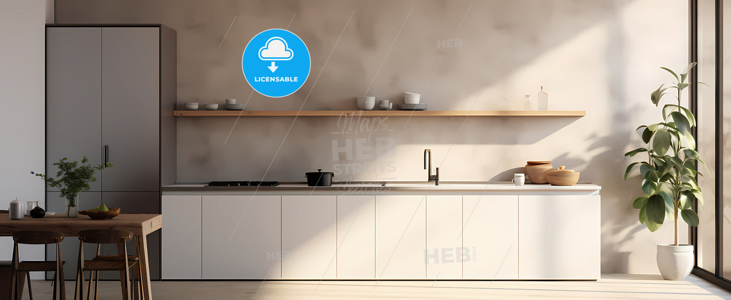 A Kitchen With White Cabinets And Shelves