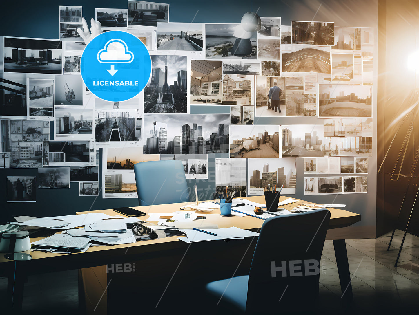 A Desk With A Chair And A Table With Pictures On It