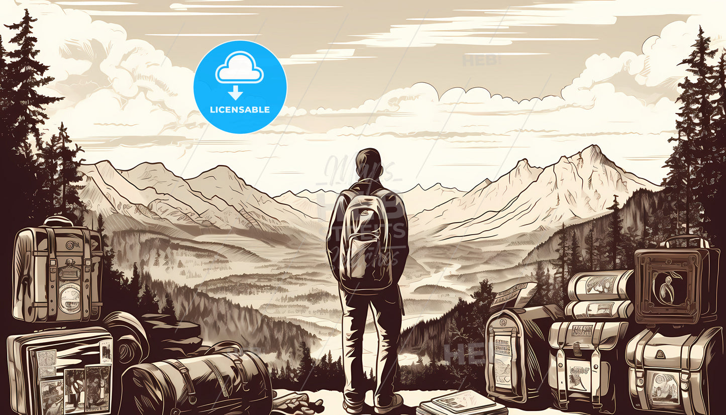 A Man Standing On A Mountain With A Backpack