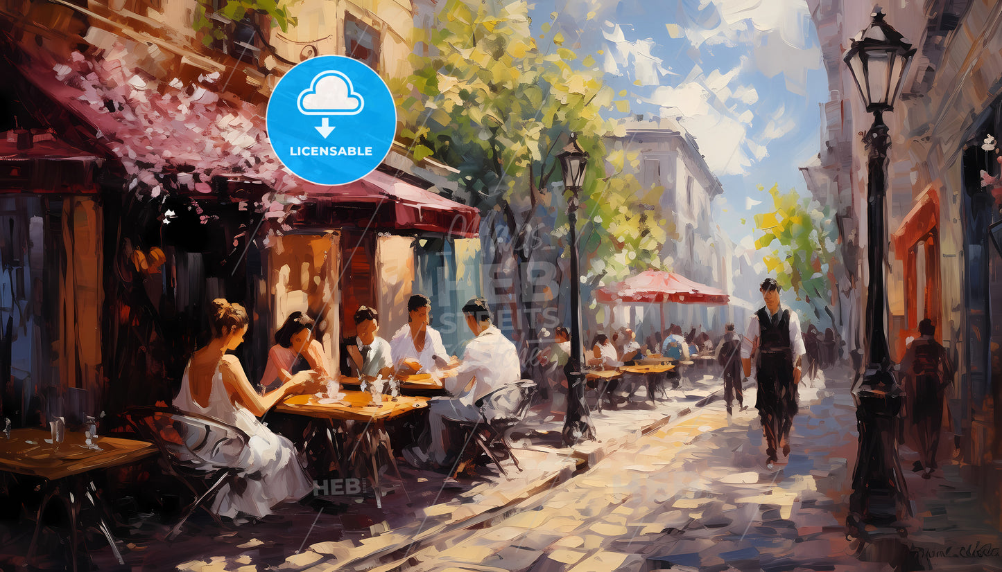 A Painting Of People Sitting At Tables Outside A Restaurant