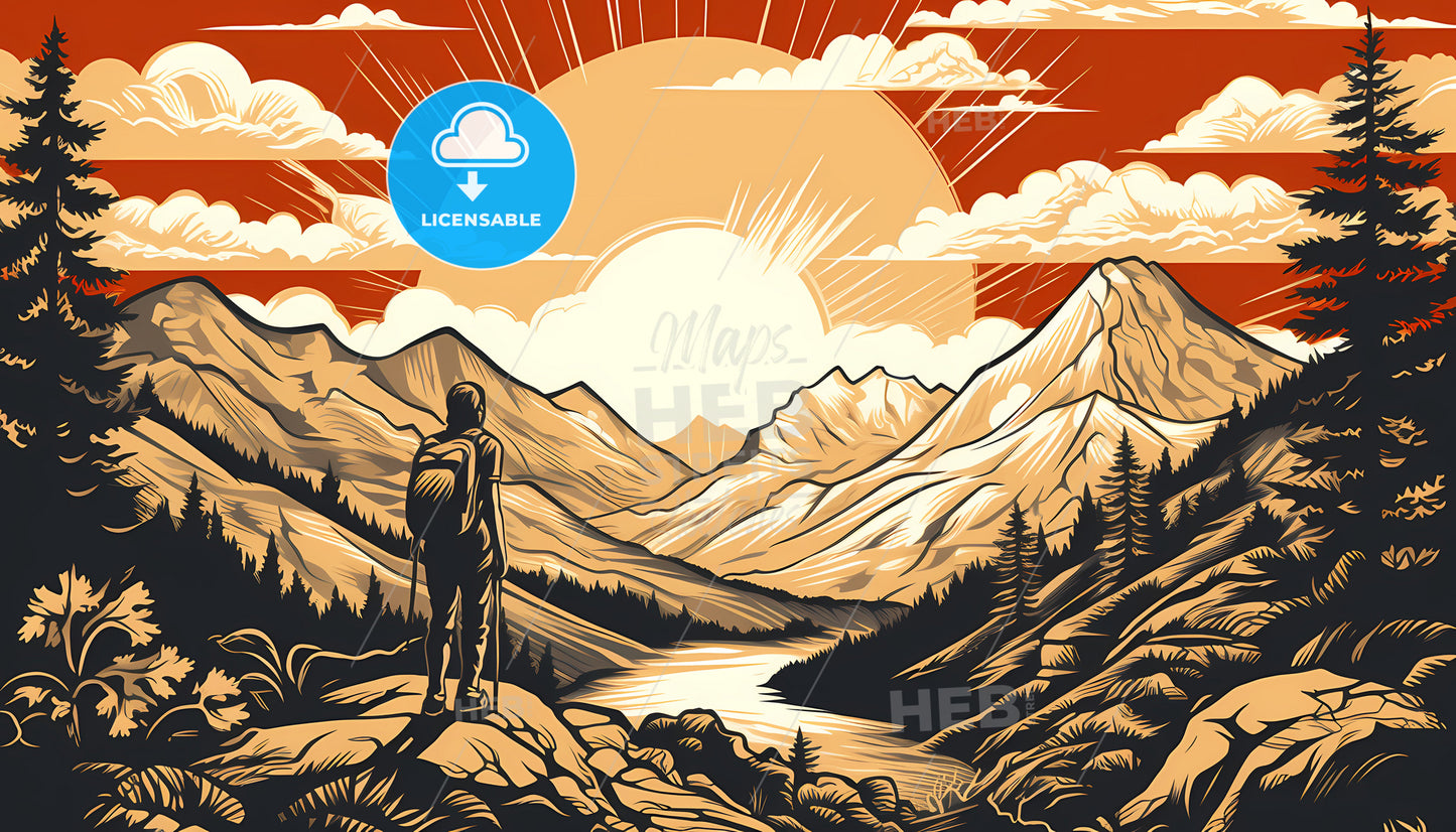 A Man Standing On A Rock Looking At A River And Mountains